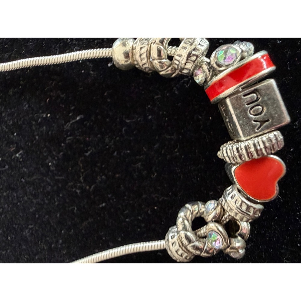 Snake Charm Necklace Silver Tone Red Love You Heart Enamel Women Rhinestone